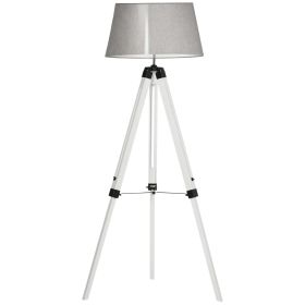 Tripod Floor Lamp, Adjustable Height Wooden Standing Lamp with E26 Lamp Base for Living Room, Bedroom, White and Grey