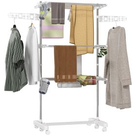 3-Tier Foldable Clothes Drying Rack, Stainless Steel Laundry Rack with 2 Side Wings and 6 Castors