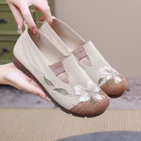Ladies' summer 2025 breathable soft sole anti-slip mom shoes leisure mesh flat embroidered shoes (Color: Coffeecolor, Shoe Size: 37)