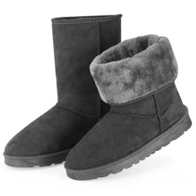 Women Ladies Snow Boots Waterproof Faux Suede Mid-Calf Boots Fur Warm Lining Shoes for Winter (Color: Grey, size: 7)