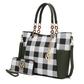 MKF Collection Bonita Checker Tote Handbag & Wallet Set Women by Mia K (Color: Olive, Material: Vegan Leather)